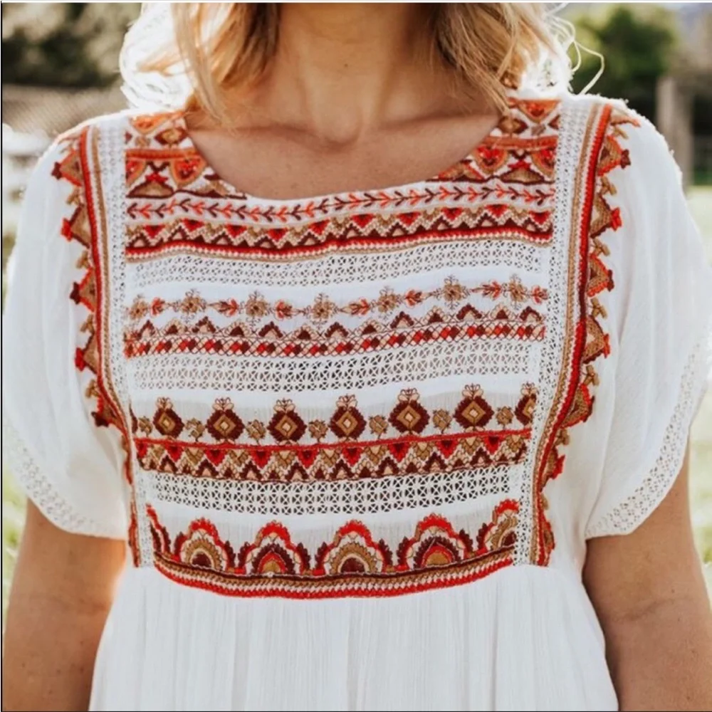 FREE PEOPLE Ivory Embroidered Sunrise Wanderer Mini Dress